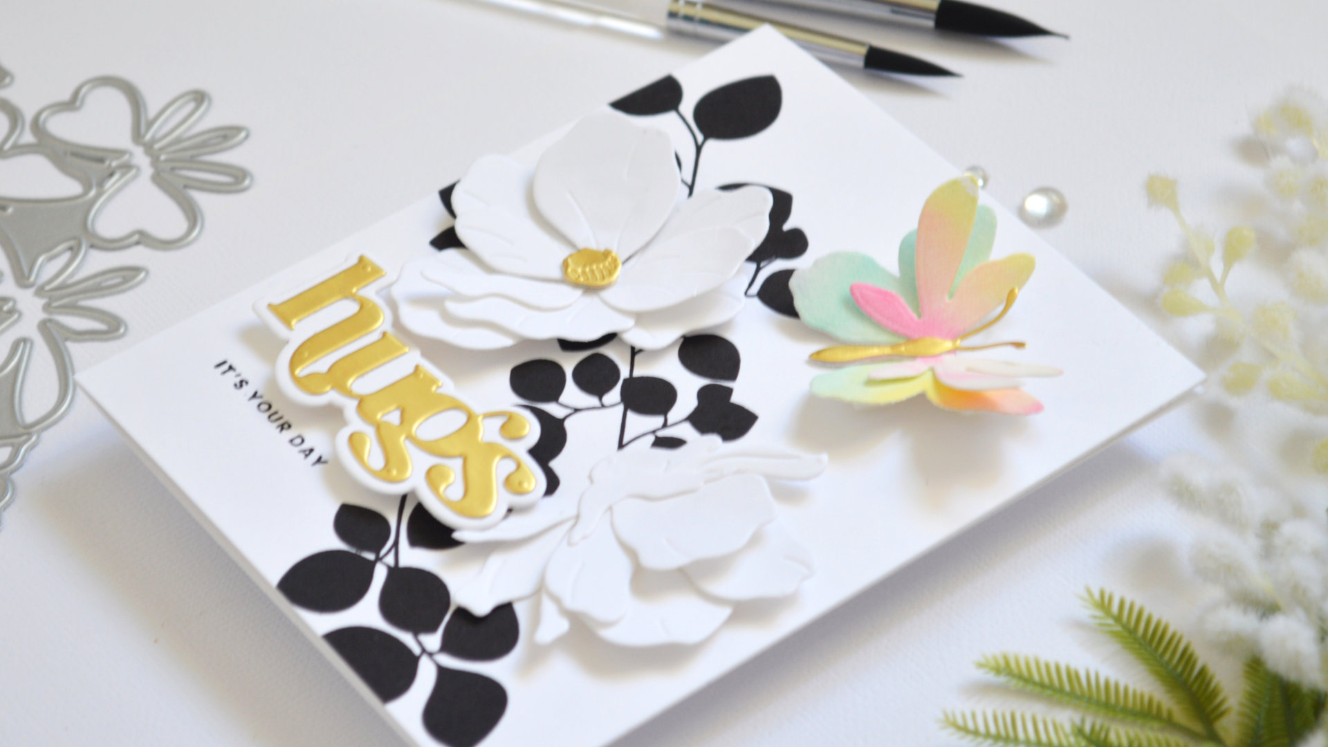 Rainbow Butterfly Card with a Bold Leafy Background!