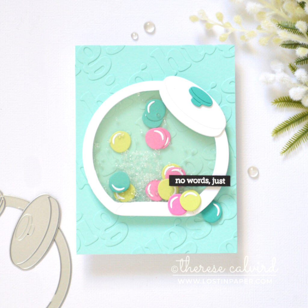 Penny jar shaker card with faux embossed background using die cuts by Therese Calvird