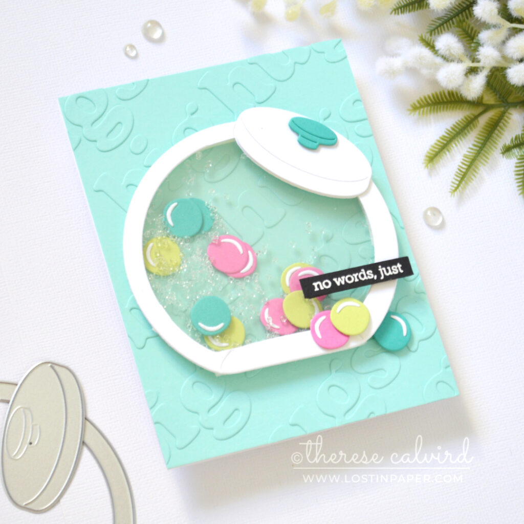 Penny jar shaker card with faux embossed background using die cuts by Therese Calvird