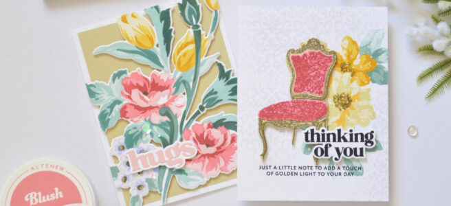Two handmade Altenew cards using the same color palette in different ways with floral die cut and antique chair designs by Therese Calvird