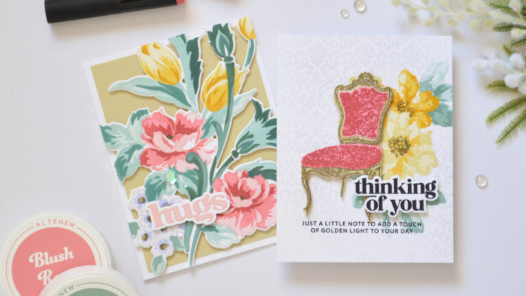 Two handmade Altenew cards using the same color palette in different ways with floral die cut and antique chair designs by Therese Calvird