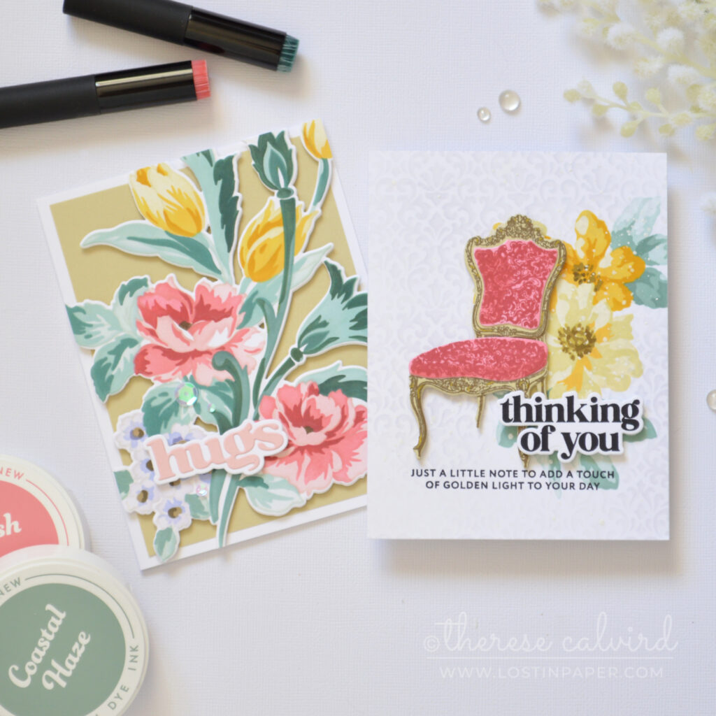 Two handmade Altenew cards using the same color palette in different ways with floral die cut and antique chair designs by Therese Calvird