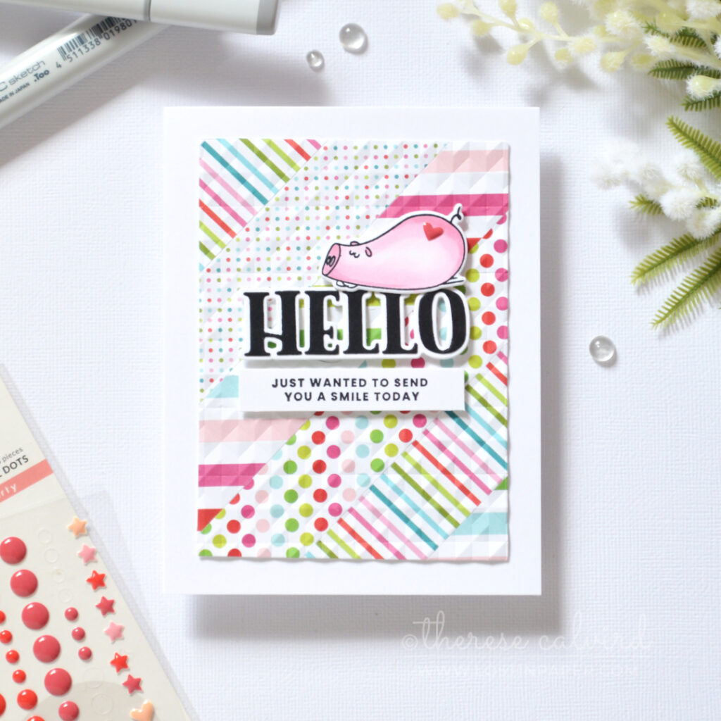 Scrap strip background card with embossed pattern and cute pig by Therese Calvird
