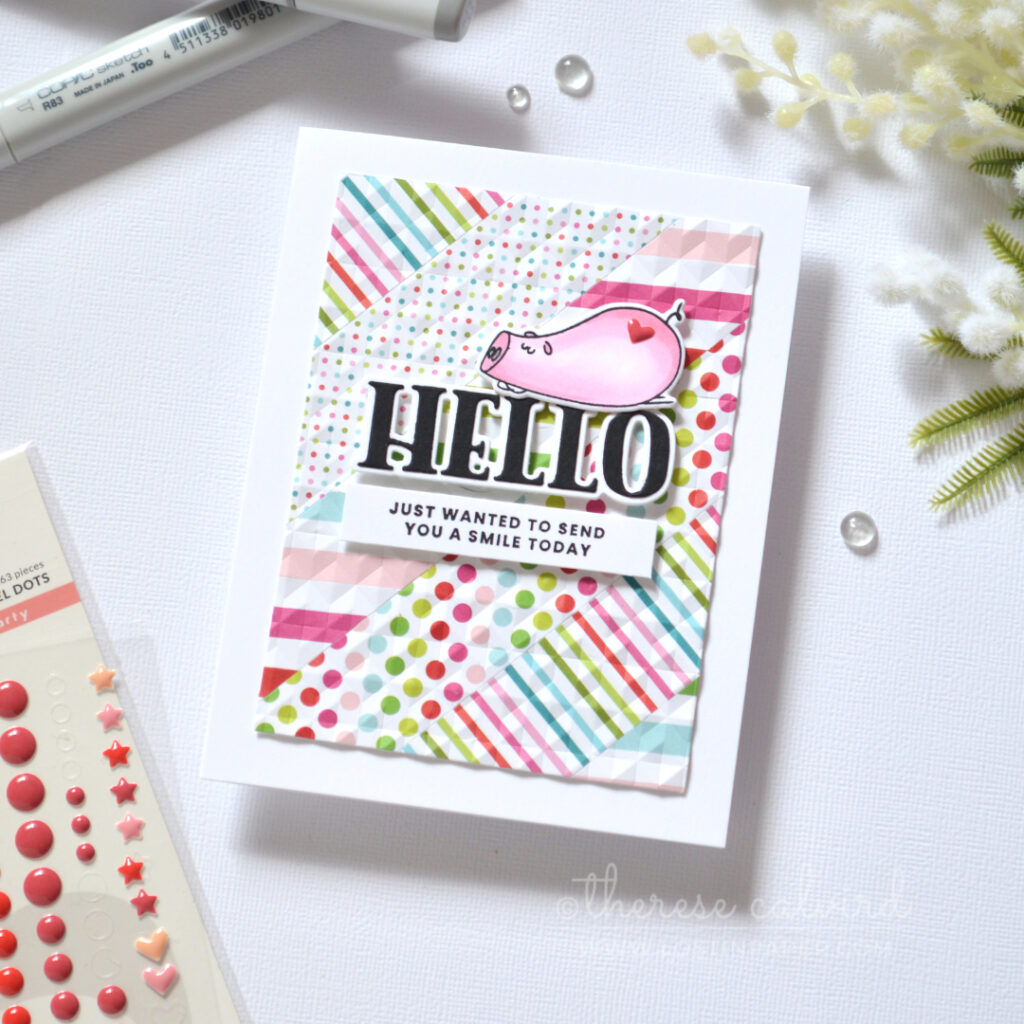 Scrap strip background card with embossed pattern and cute pig by Therese Calvird