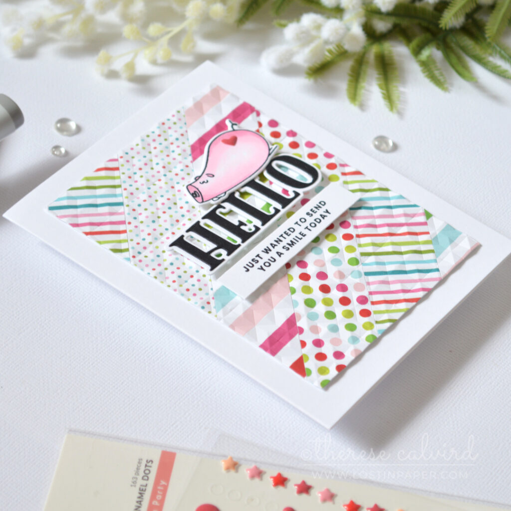 Scrap strip background card with embossed pattern and cute pig by Therese Calvird