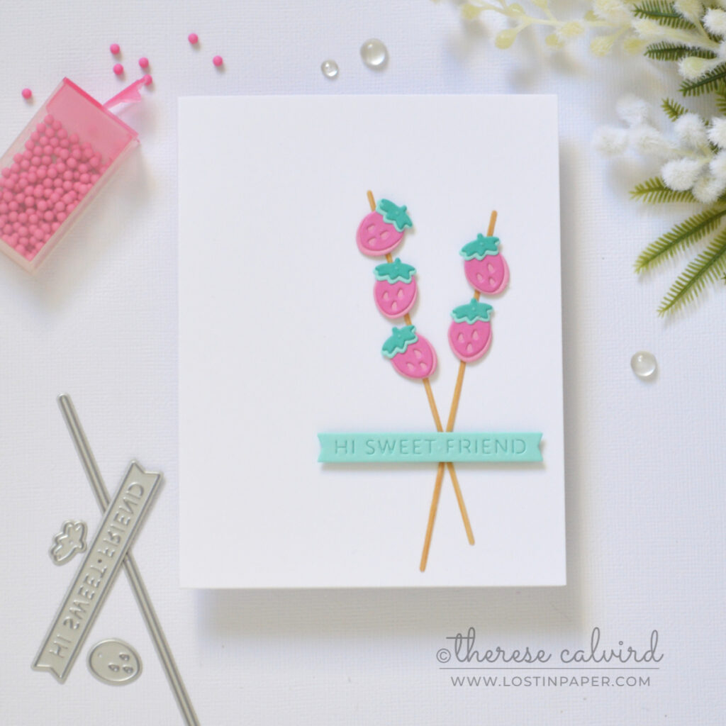 Clean and simple card with strawberry kebab die cuts as the focal point by Therese Calvird