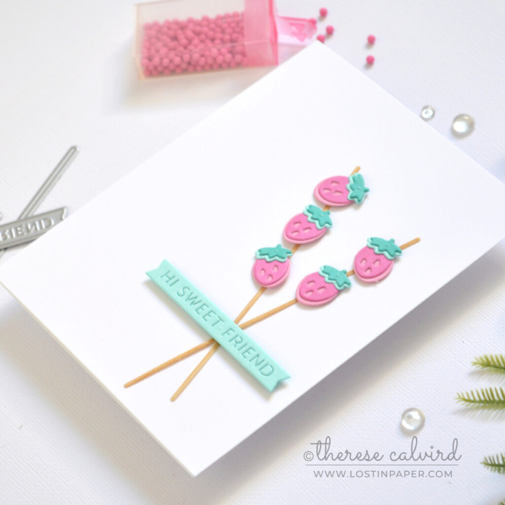 Clean and simple card with strawberry kebab die cuts as the focal point by Therese Calvird