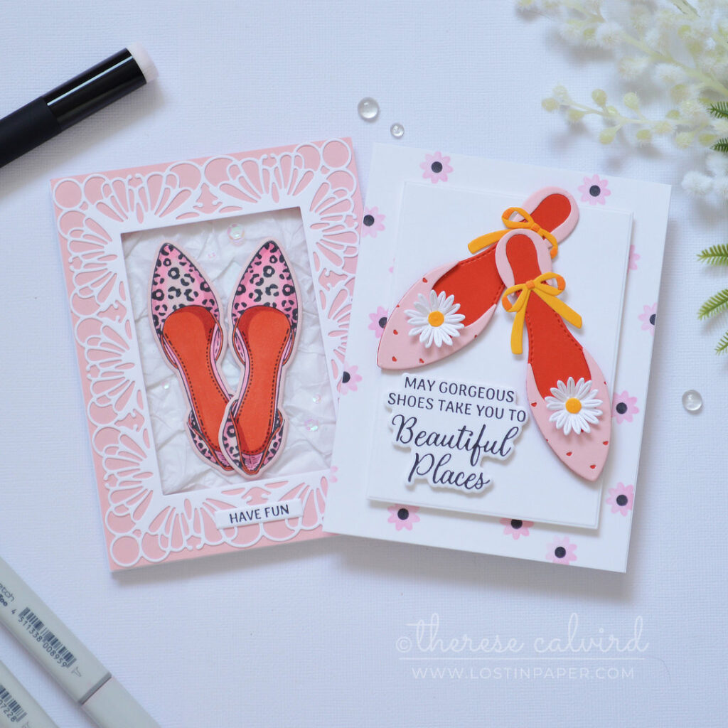 Handmade shoe themed cards featuring layered shoes and leopard print shoes by Therese Calvird.