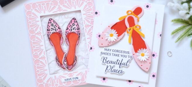 Handmade shoe themed cards featuring layered shoes and leopard print shoes by Therese Calvird.