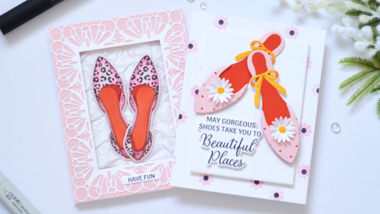 Handmade shoe themed cards featuring layered shoes and leopard print shoes by Therese Calvird.