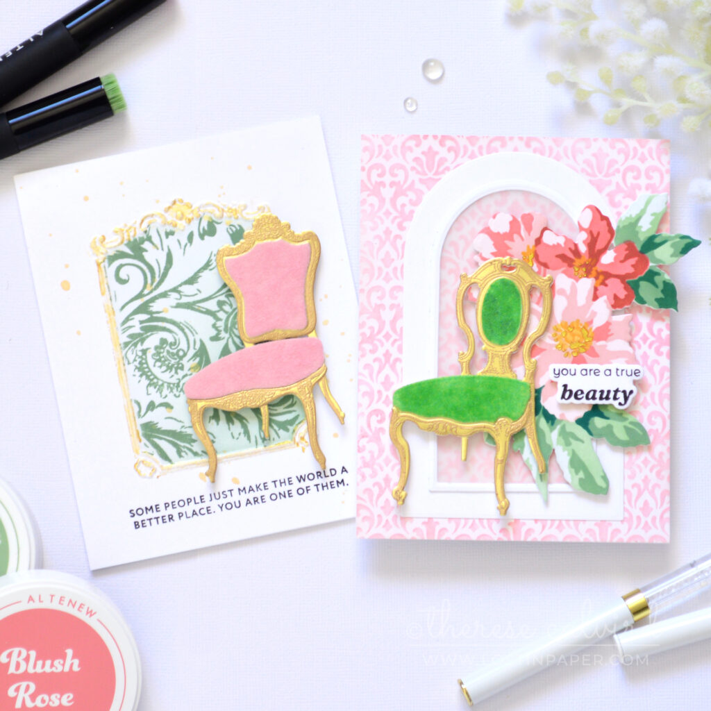 Elegant textured cardmaking ideas with gold frame and wallpaper background featuring flocked chairs by Therese Calvird