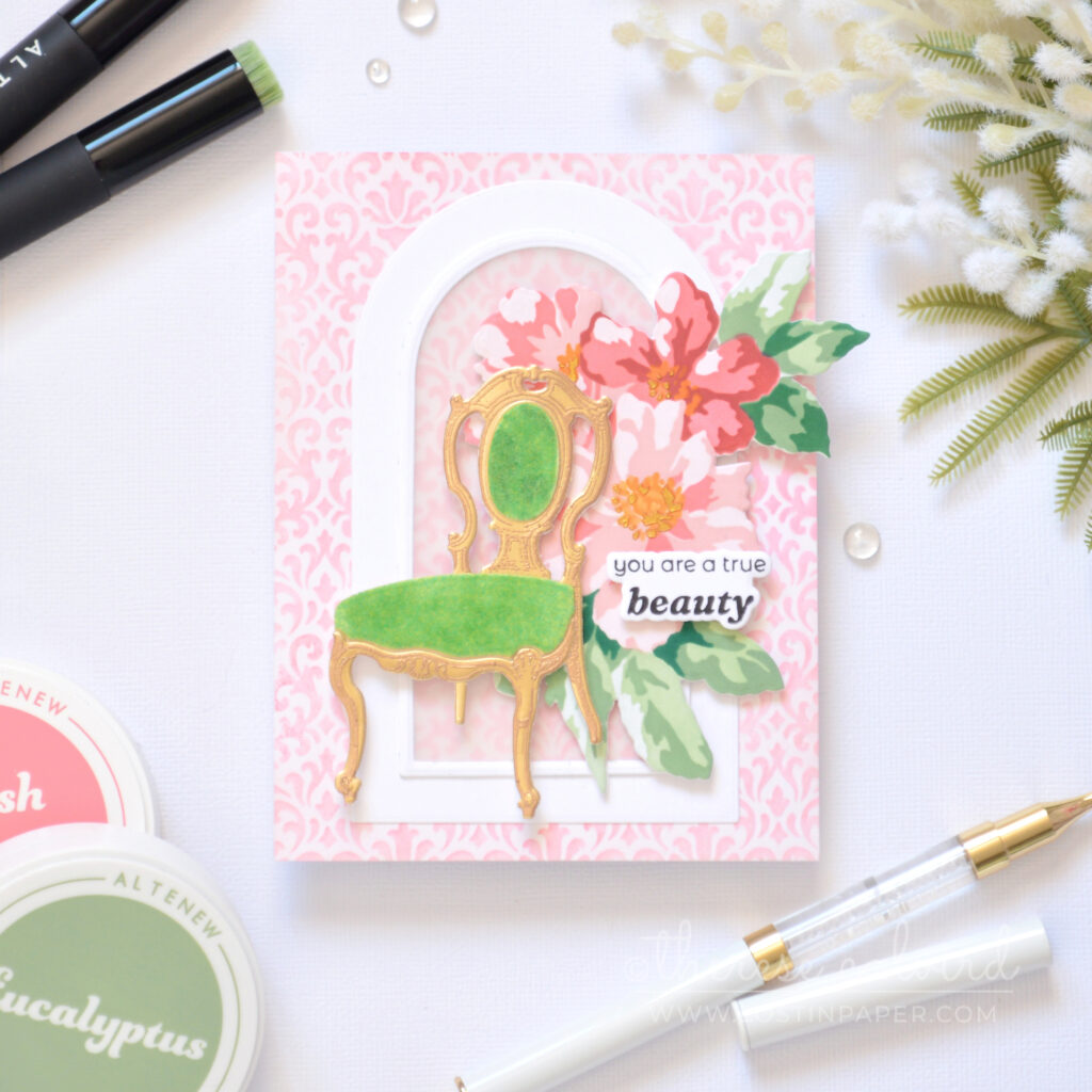Elegant textured cardmaking ideas with gold frame and wallpaper background featuring flocked chairs by Therese Calvird