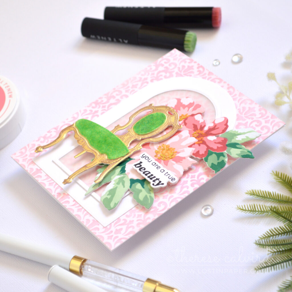 Elegant textured cardmaking ideas with gold frame and wallpaper background featuring flocked chairs by Therese Calvird