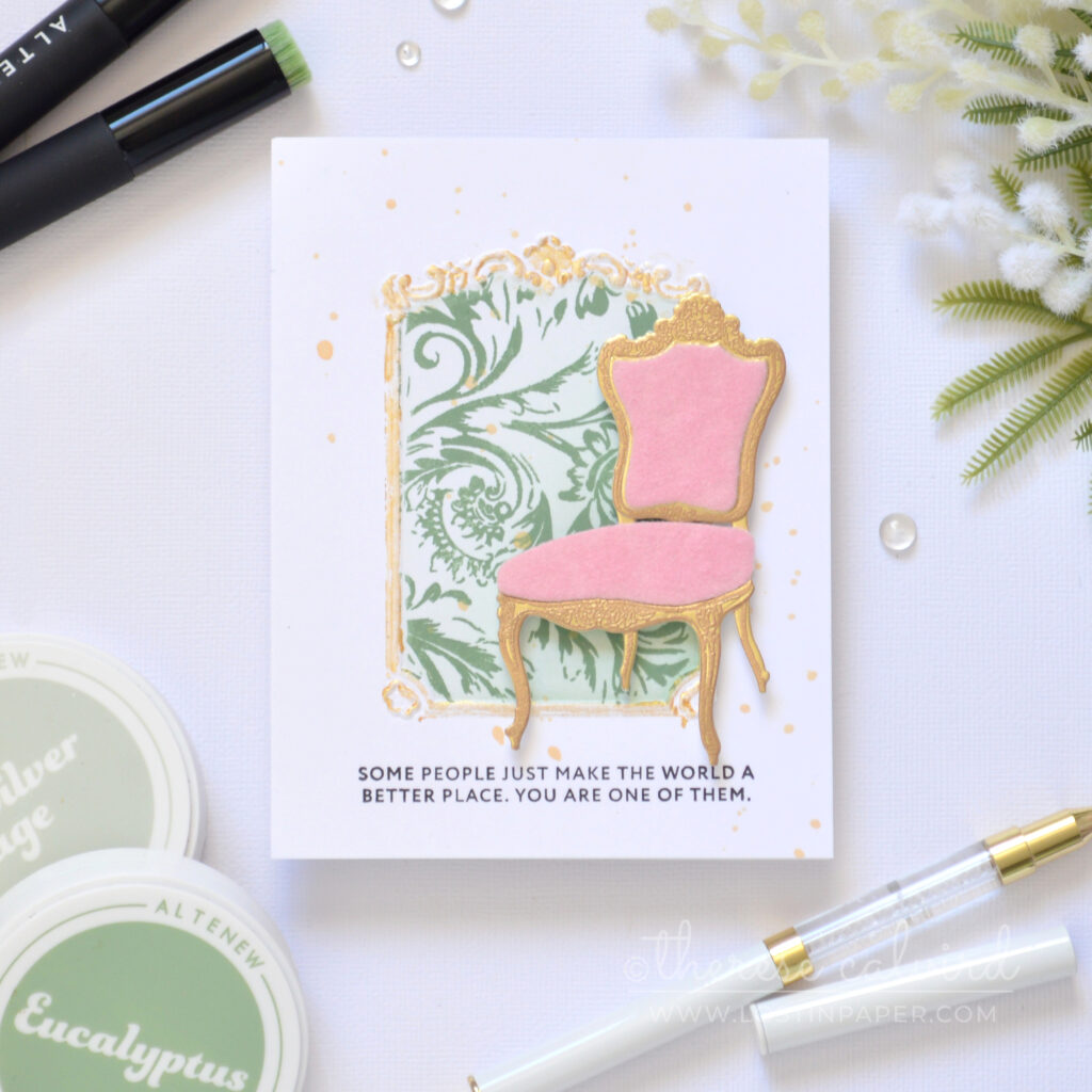 Elegant textured cardmaking ideas with gold frame and wallpaper background featuring flocked chairs by Therese Calvird