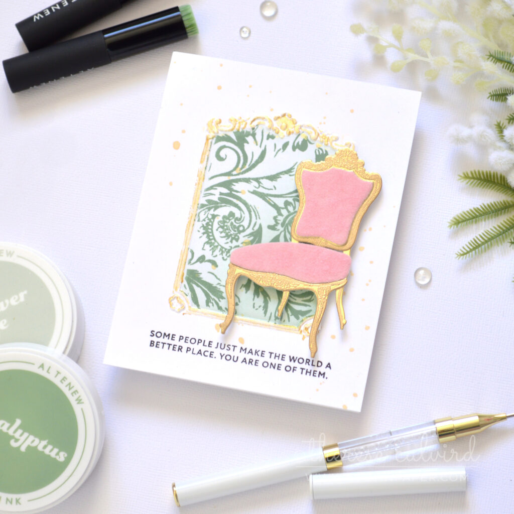 Elegant textured cardmaking ideas with gold frame and wallpaper background featuring flocked chairs by Therese Calvird