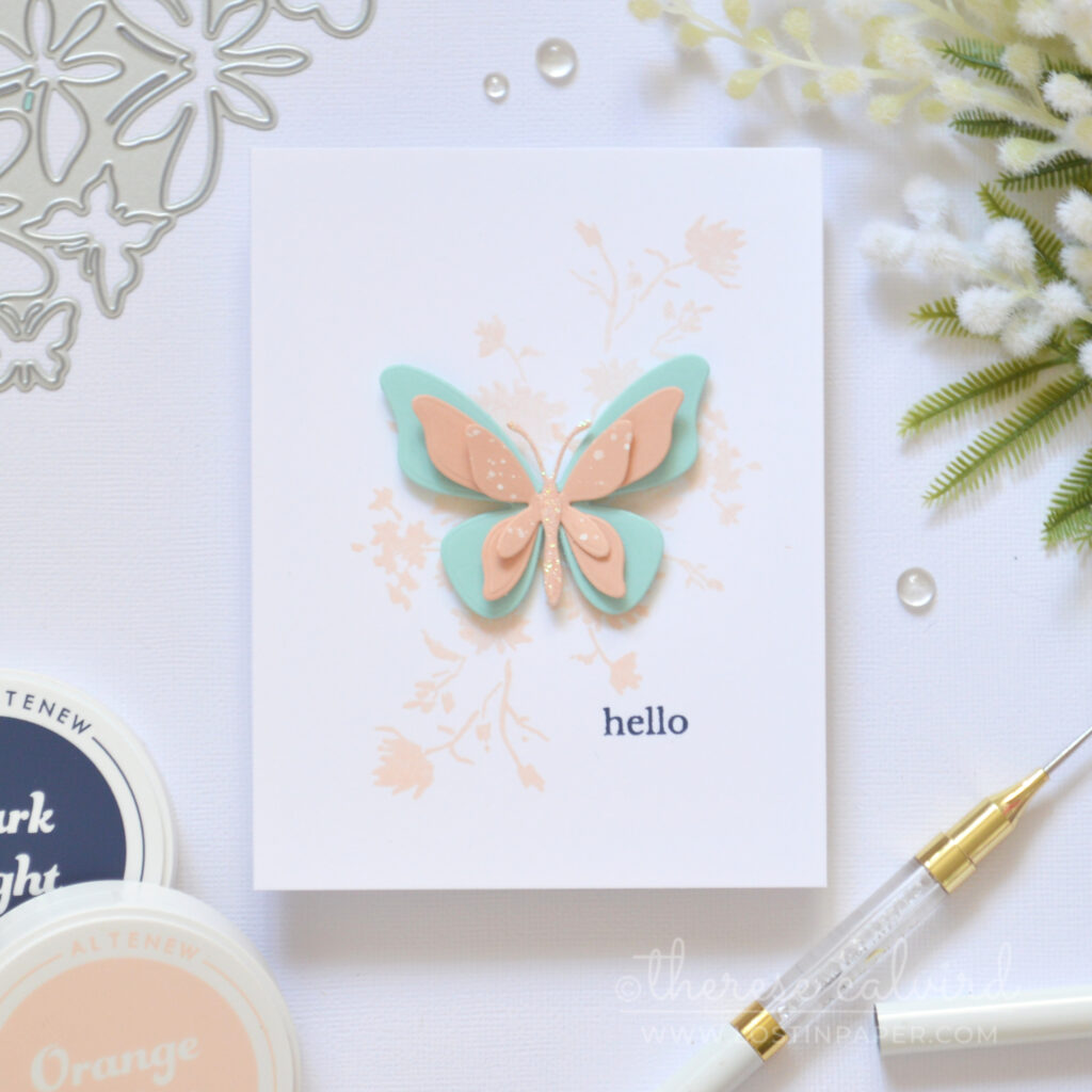 Clean and simple butterfly card with single die cut butterfly and pastel florals by Therese Calvird