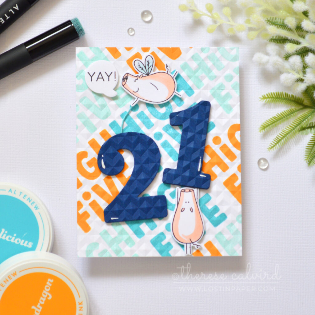 masculine birthday card with embossed background and large die cut numbers with flying pig therese calvird