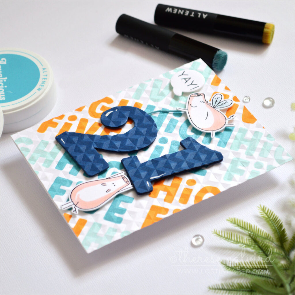 masculine birthday card with embossed background and large die cut numbers with flying pig therese calvird