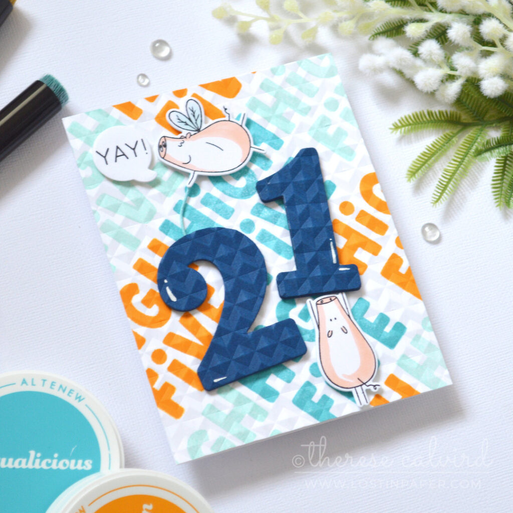 masculine birthday card with embossed background and large die cut numbers with flying pig therese calvird