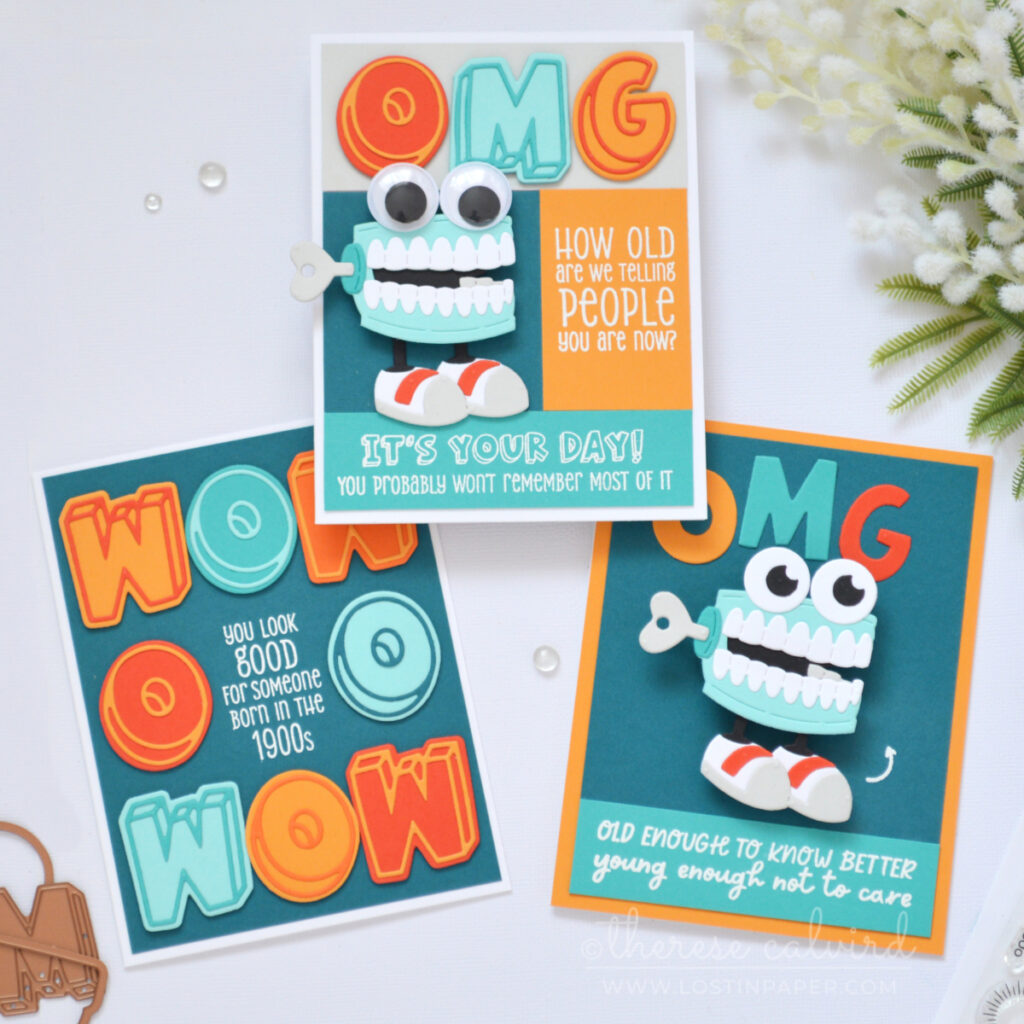 interactive masculine cards with chattering teeth spinner and swing designs by Therese Calvird