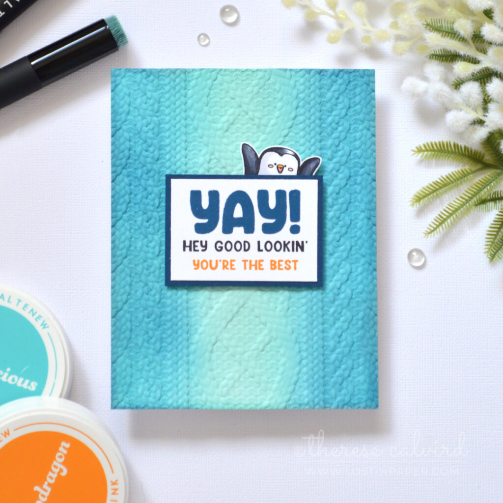 Masculine embossed sweater texture card with centre ombre blending and layered sentiment with penguin Therese Calvird