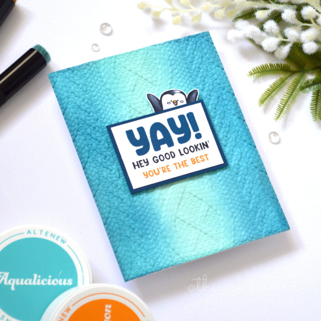 Masculine embossed sweater texture card with centre ombre blending and layered sentiment with penguin Therese Calvird