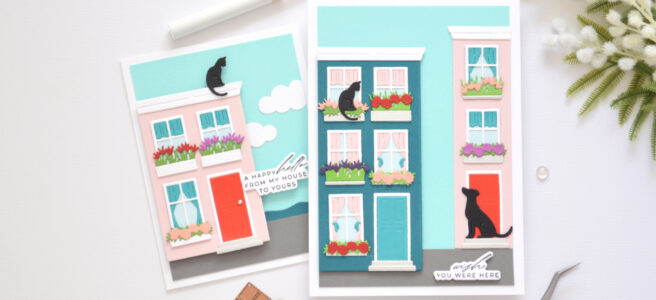 Two Everyday City Holiday handmade cards featuring layered die cut houses with shaped windows, flower boxes, cat and dog details by Therese Calvird