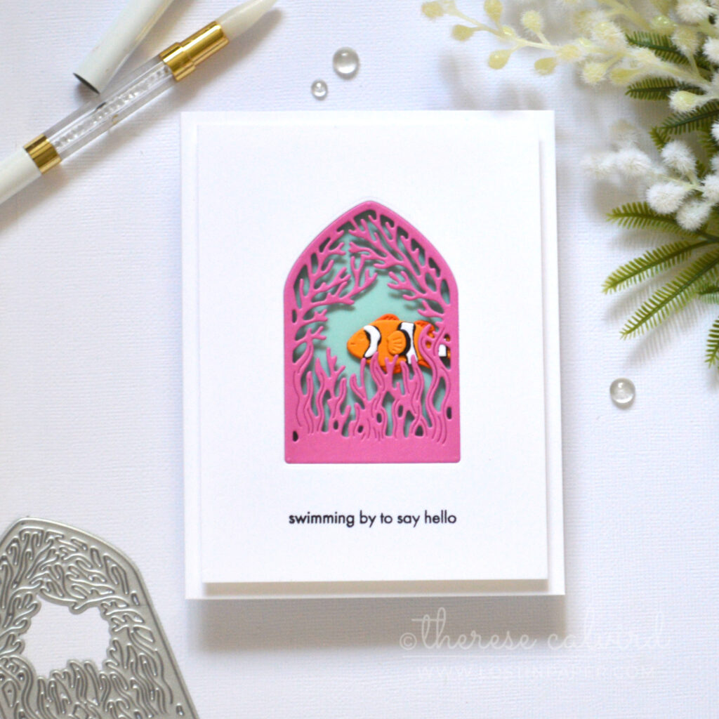 Clean and simple coral reef open scene card with arched coral frame and bright orange fish by Therese Calvird