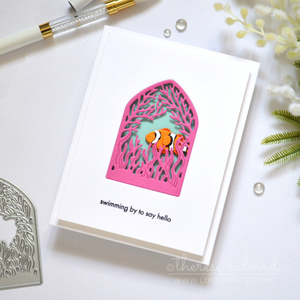 Clean and simple coral reef open scene card with arched coral frame and bright orange fish by Therese Calvird