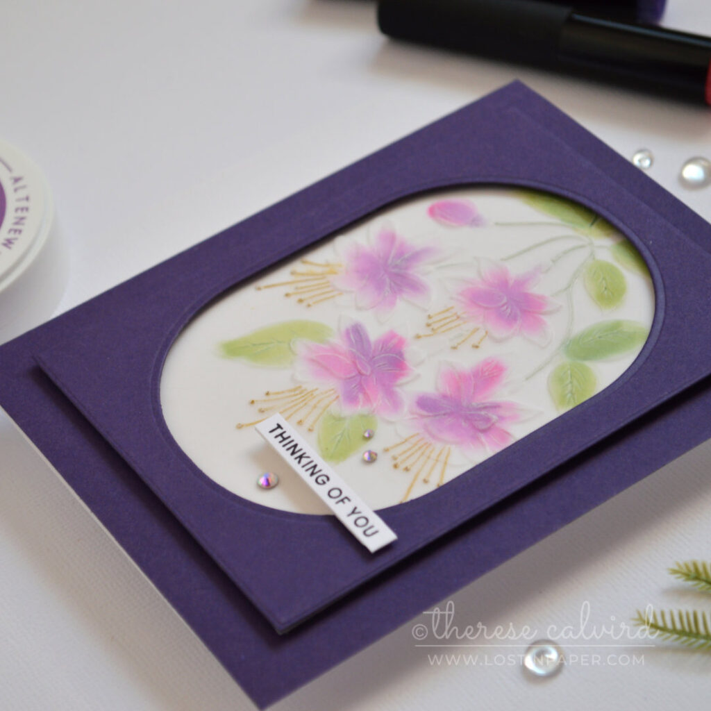 Embossed vellum floral card coloured on the debossed side with ink blending by Therese Calvird