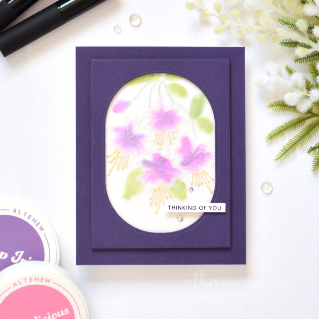 Embossed vellum floral card coloured on the debossed side with ink blending by Therese Calvird