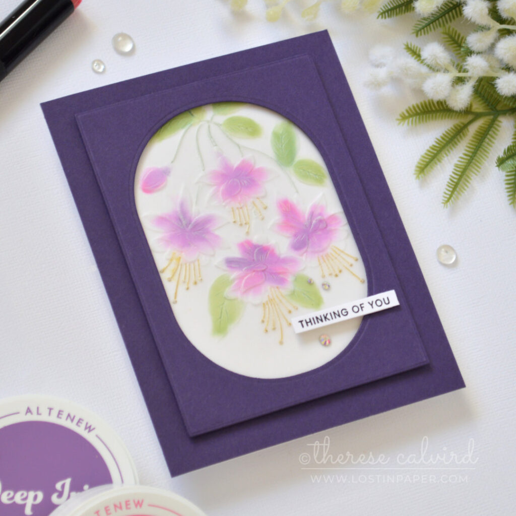 Embossed vellum floral card coloured on the debossed side with ink blending by Therese Calvird