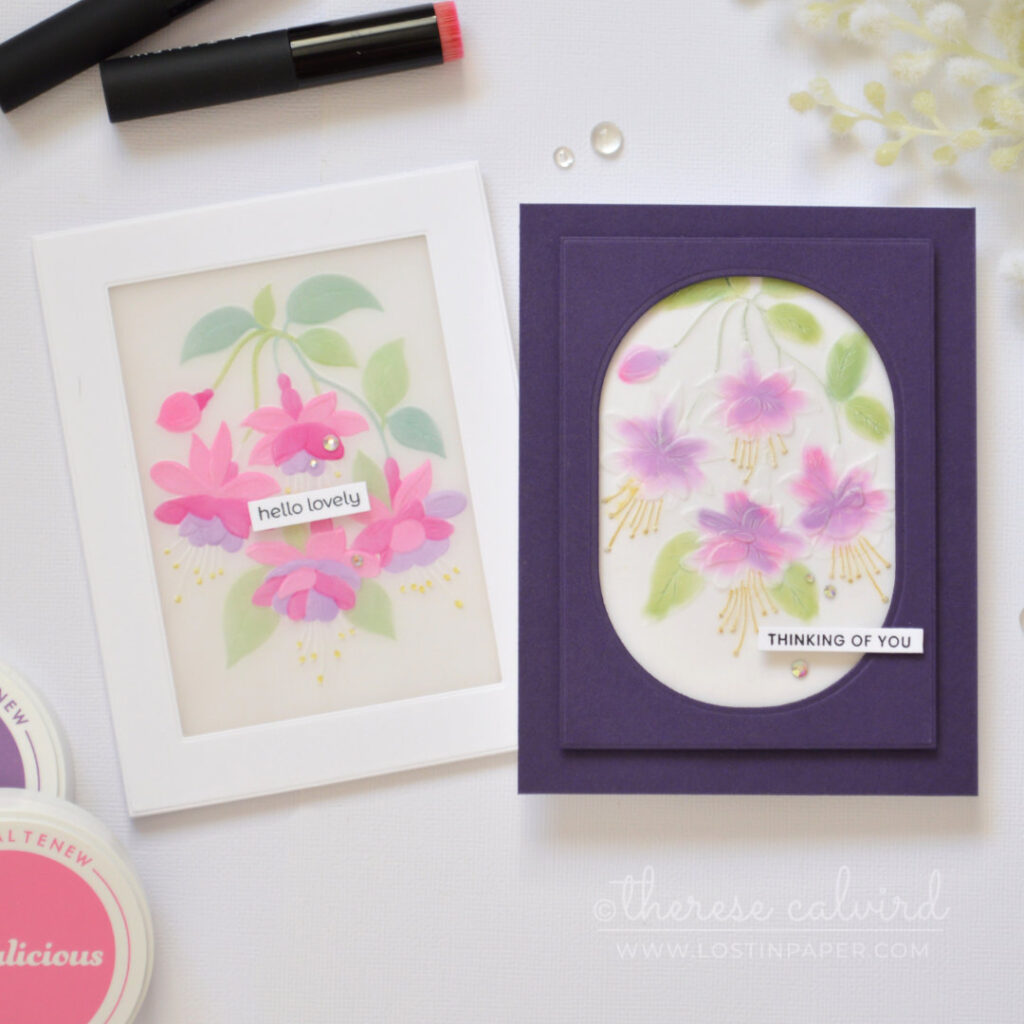 Two embossed vellum floral cards with ink blended colour and layered frames by Therese Calvird