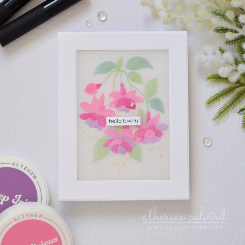 Embossed vellum floral card coloured with layering stencils and ink blending by Therese Calvird