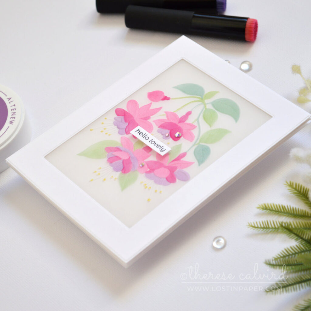 Embossed vellum floral card coloured with layering stencils and ink blending by Therese Calvird