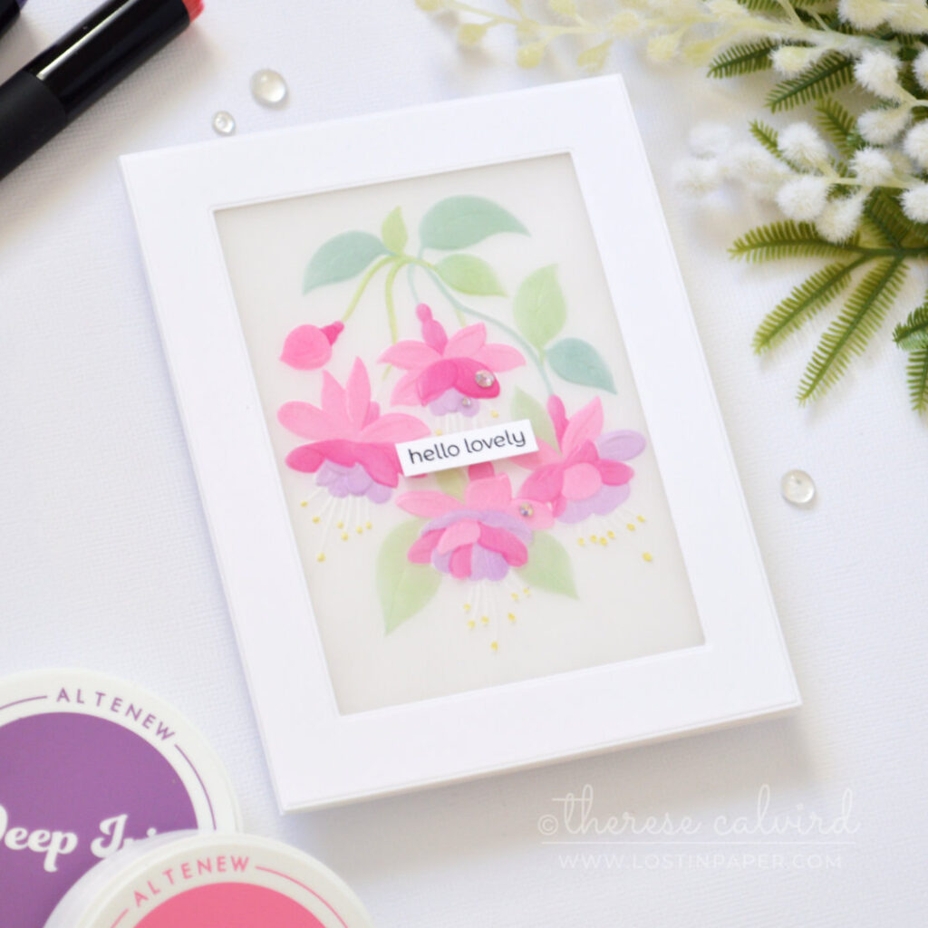 Embossed vellum floral card coloured with layering stencils and ink blending by Therese Calvird