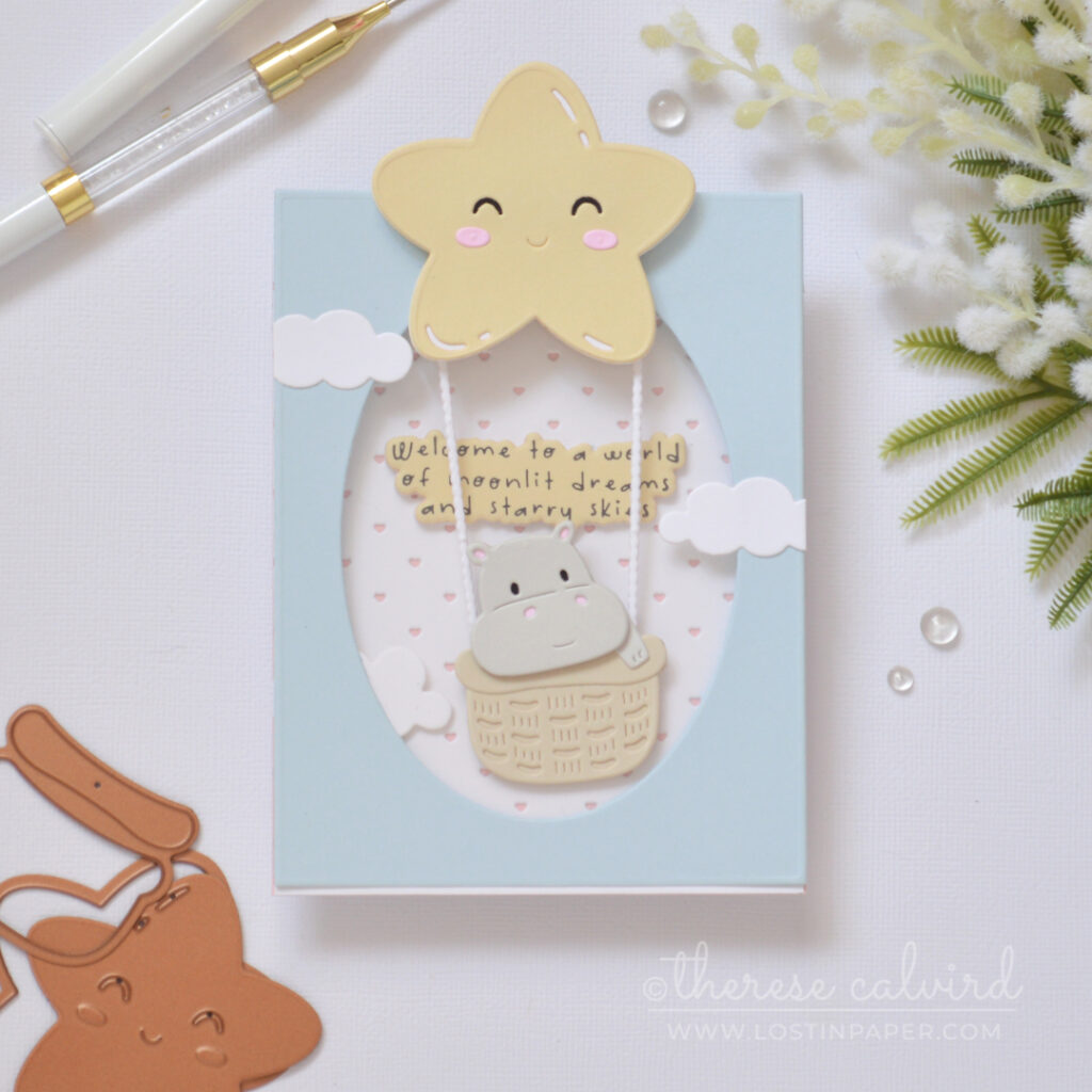 Interactive baby boy window easel card with swinging baby basket by Therese Calvird