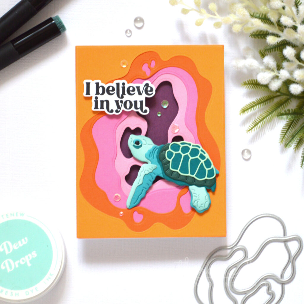 Layered turtle open scene card with dimensional underwater pond layers in pink and orange by Therese Calvird