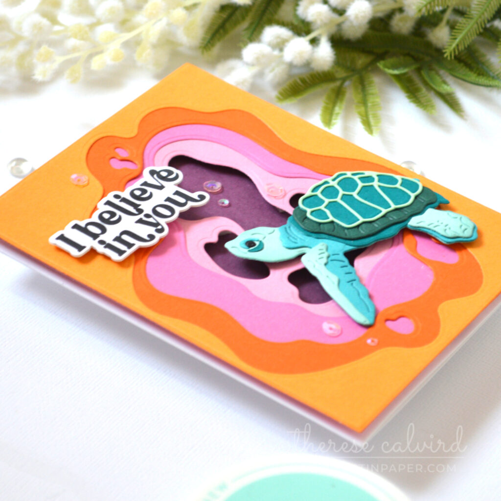Layered turtle open scene card with dimensional underwater pond layers in pink and orange by Therese Calvird