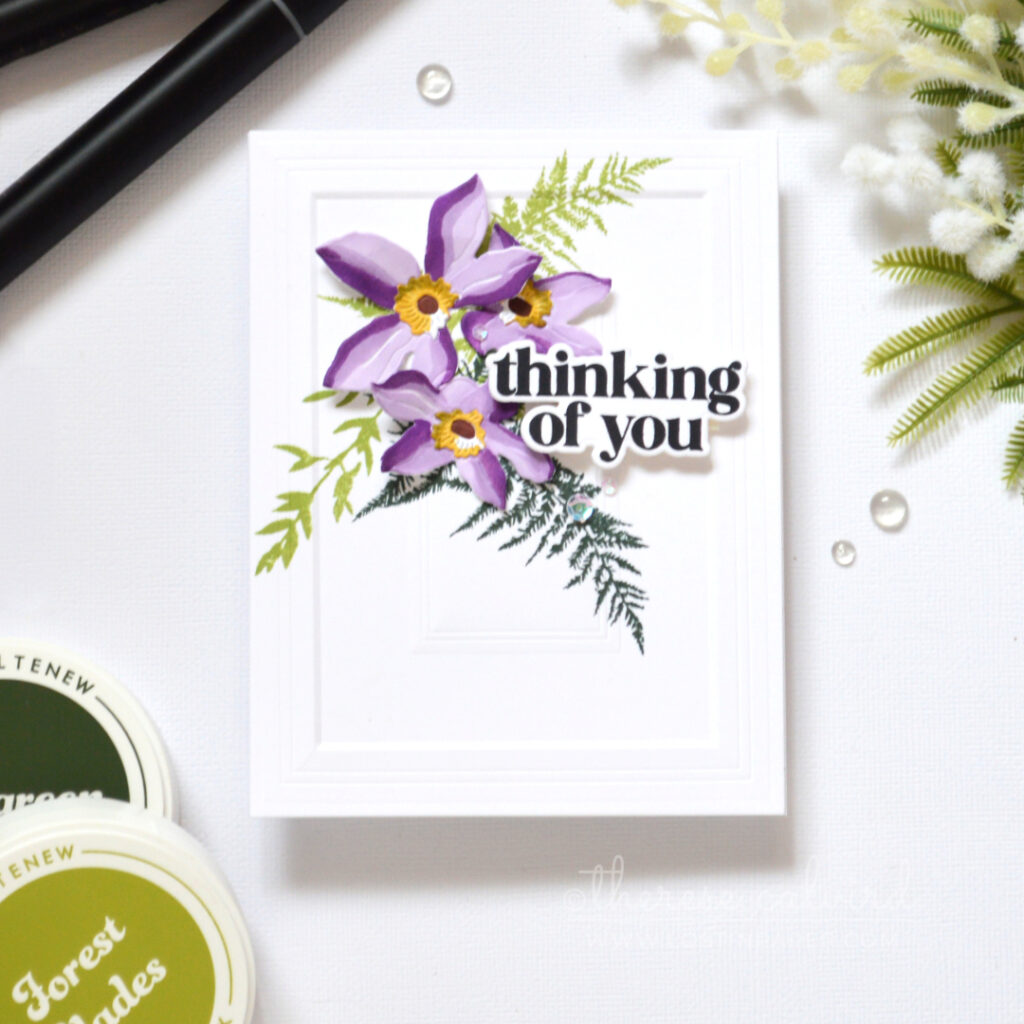 Alcohol marker floral card created with a Clematis die set by Therese Calvird