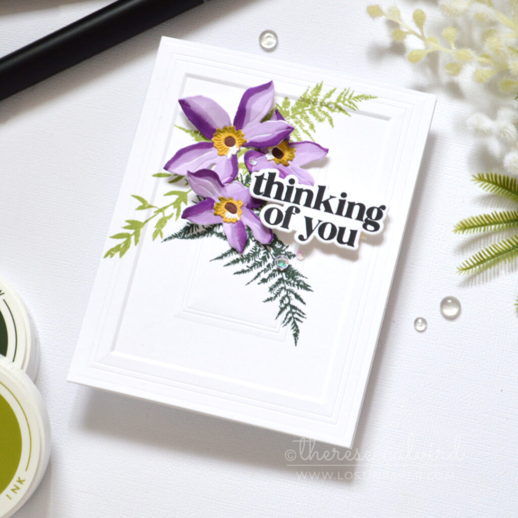 Alcohol marker floral card created with a Clematis die set by Therese Calvird