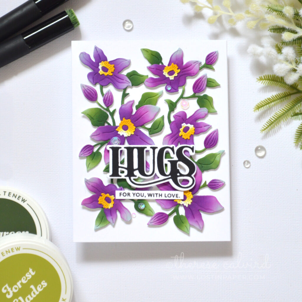 Ink blended floral card created with a Clematis die set by Therese Calvird