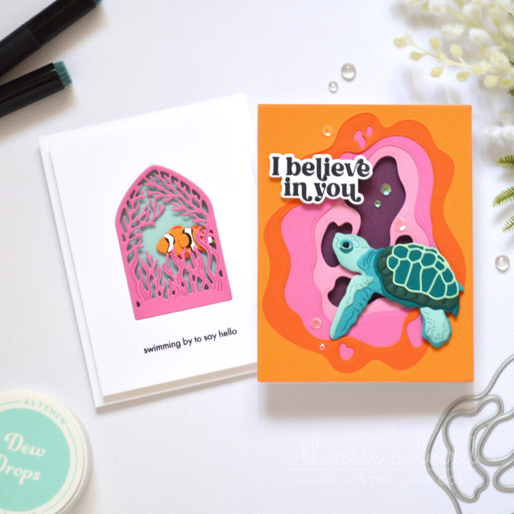 Tropical underwater themed handmade cards featuring fish turtle and coral reef scenes by Therese Calvird