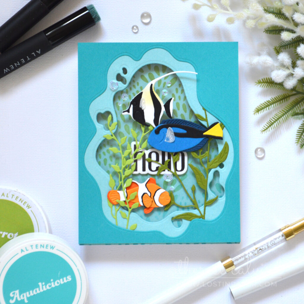 Underwater tropical fish window easel card with layered fishpond scene and acetate window by Therese Calvird