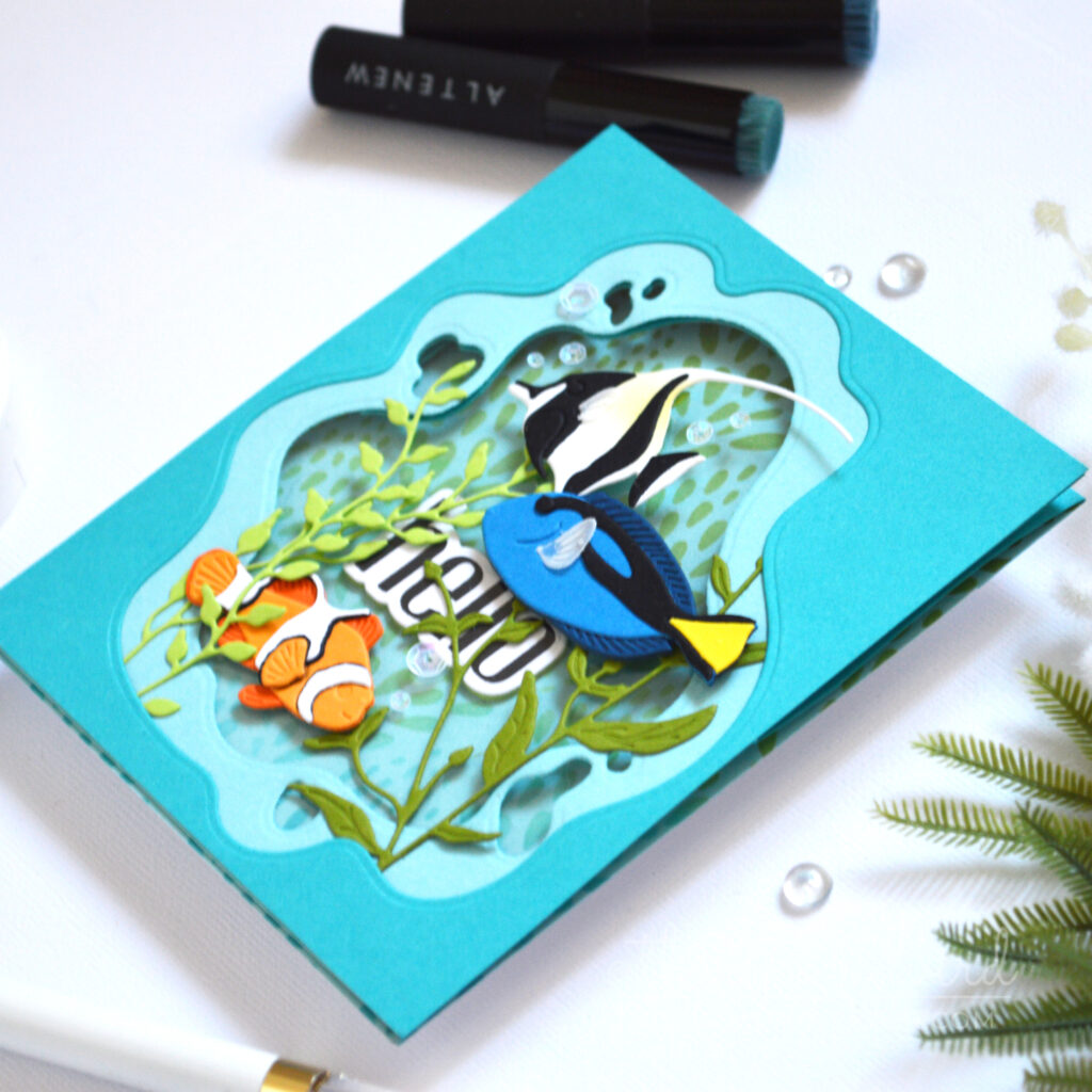 Underwater tropical fish window easel card with layered fishpond scene and acetate window by Therese Calvird