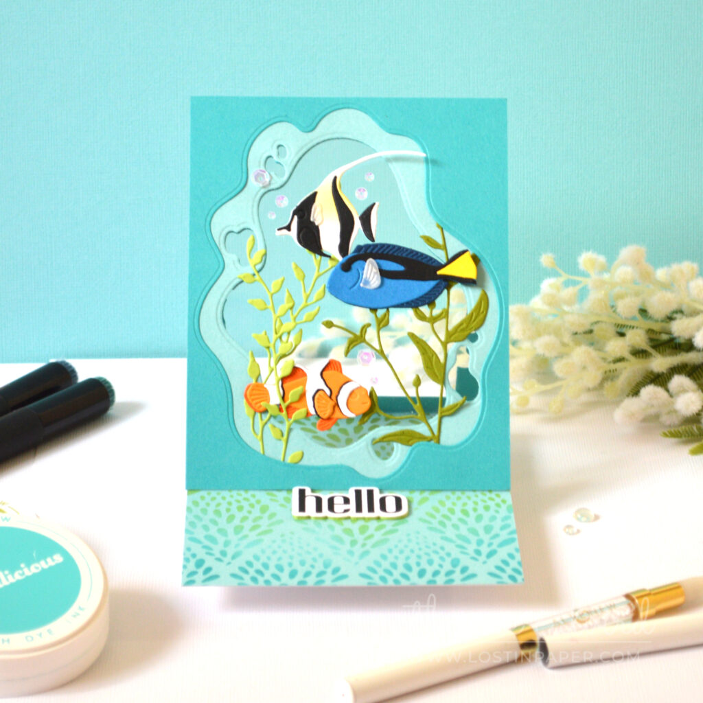 Underwater tropical fish window easel card with layered fishpond scene and acetate window by Therese Calvird