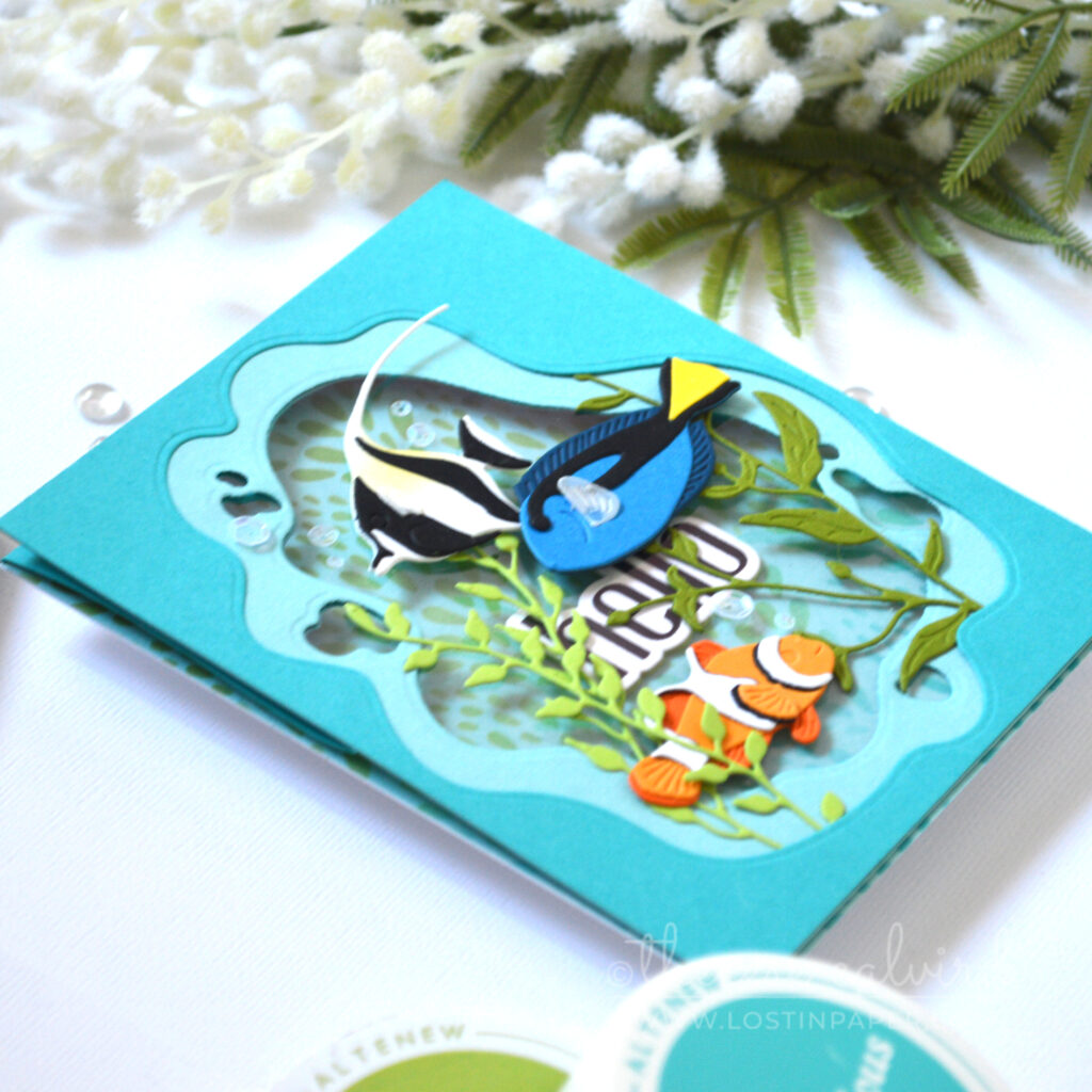 Underwater tropical fish window easel card with layered fishpond scene and acetate window by Therese Calvird