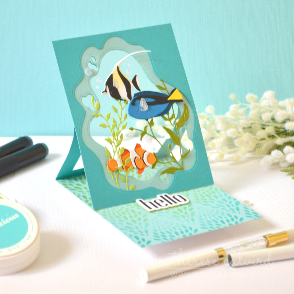 Underwater tropical fish window easel card with layered fishpond scene and acetate window by Therese Calvird