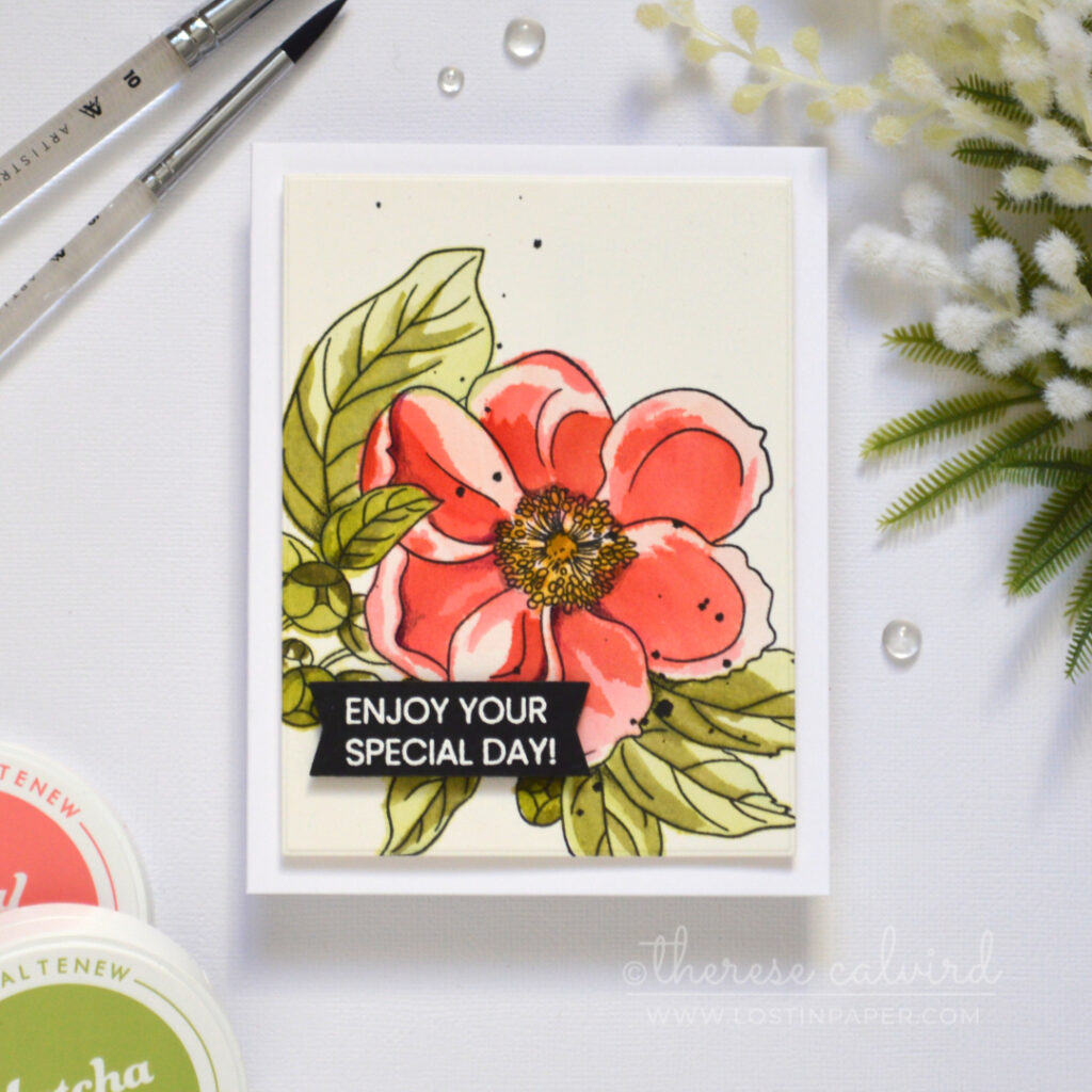 Bright red pink and green floral card created with watercolor through a stencil