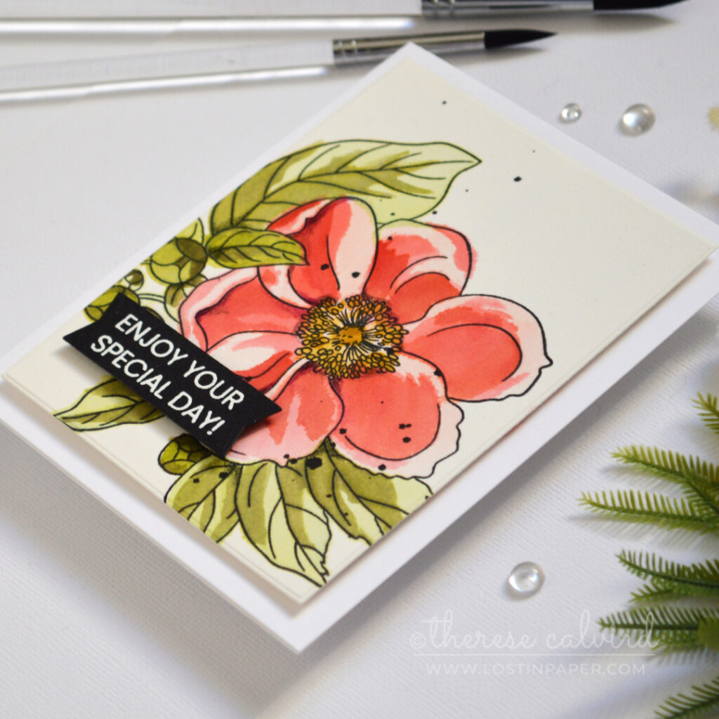 Bright red pink and green floral card created with watercolor through a stencil